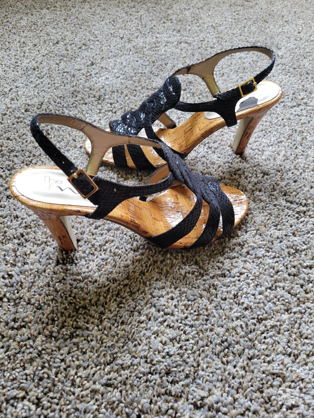 Nina Black Strappy Slingback Heels with Cork-Look Footbed